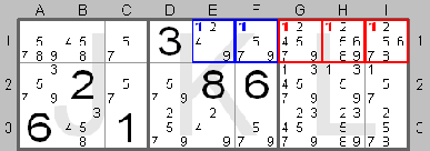 Locked candidate found by the Sudoku Instructions Program (box - row)